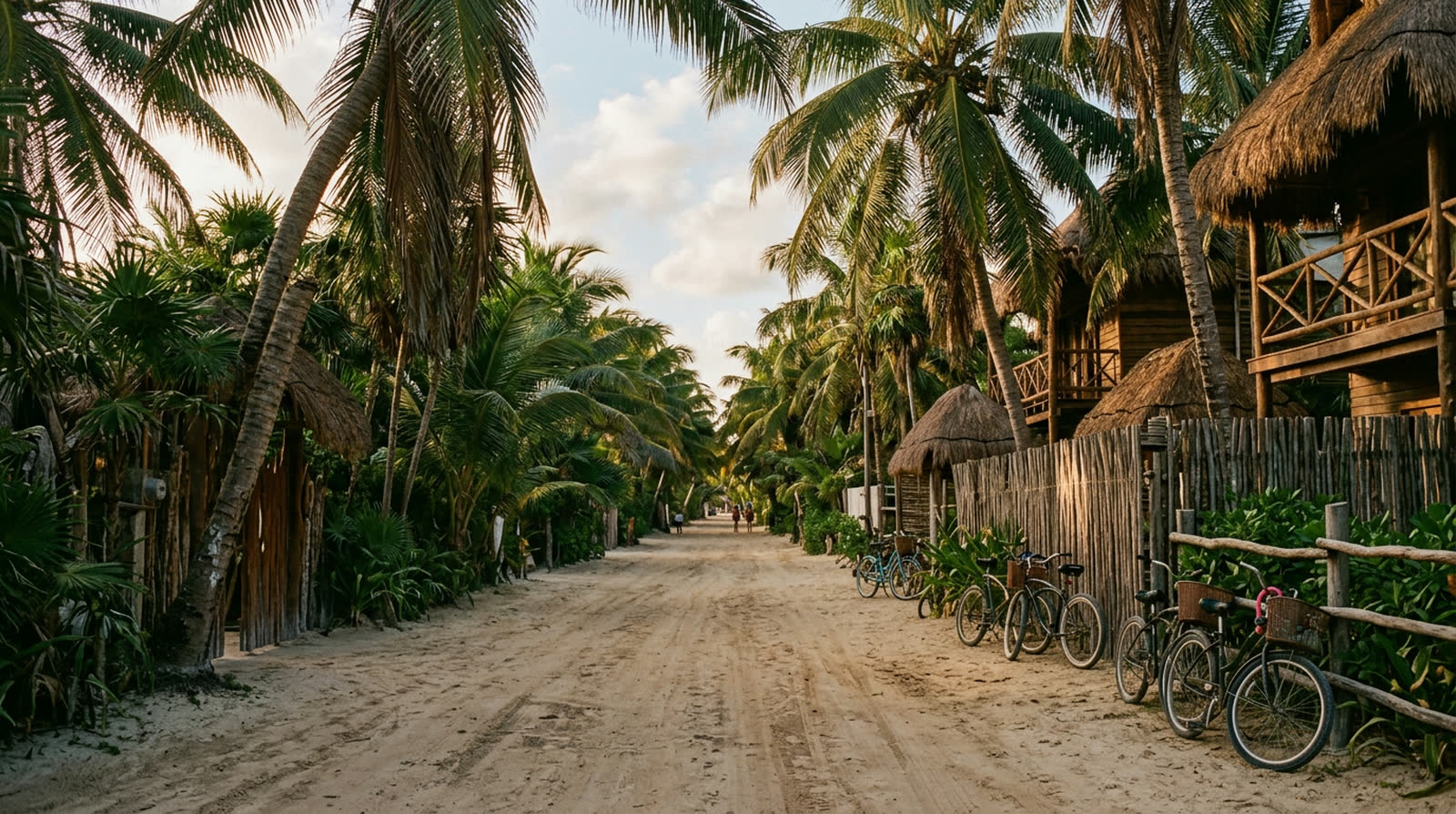 Carretera de la playa de Tulum recta entre palmeras, con puertas de madera y bicicletas en la orilla