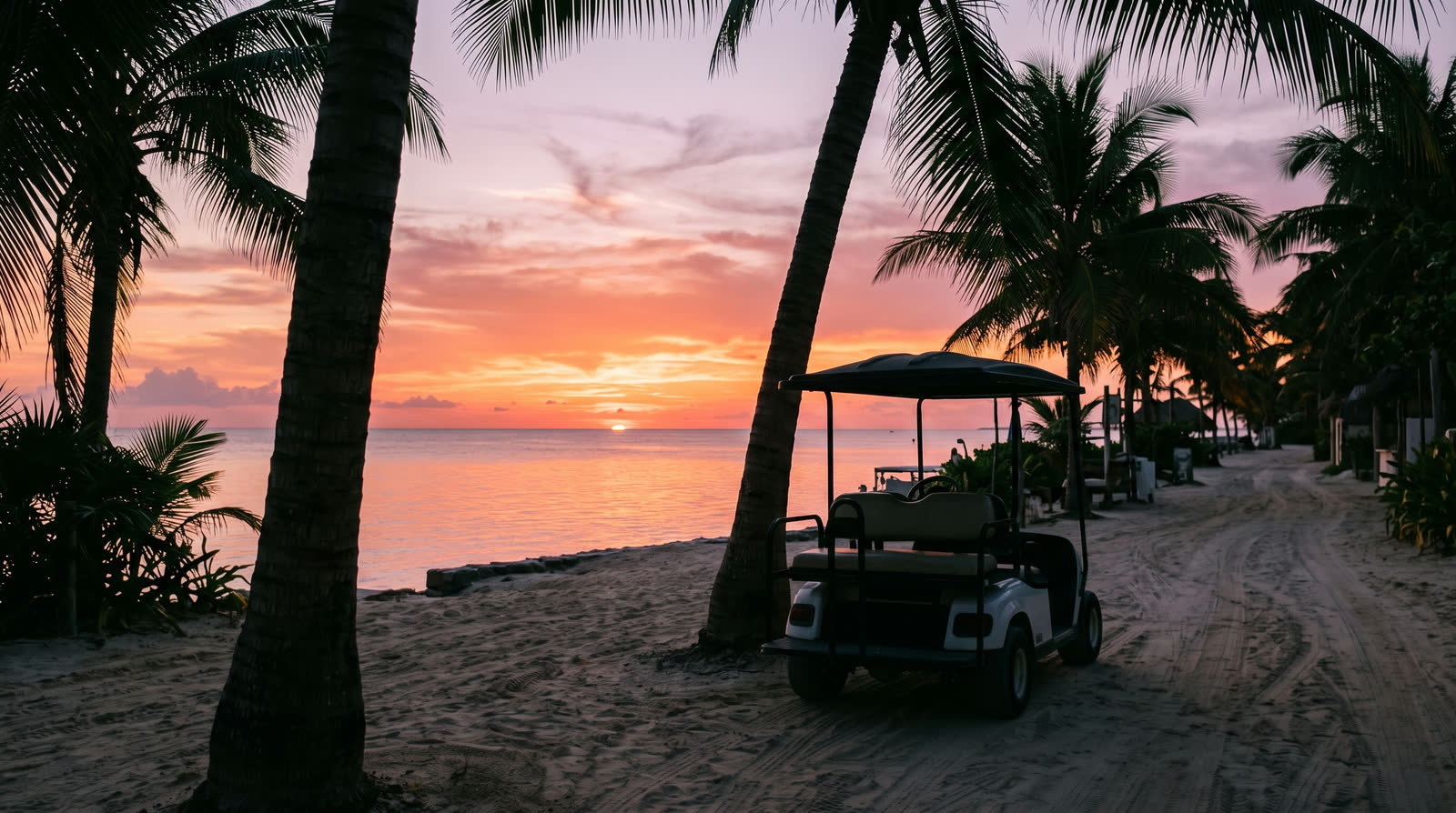 Atardecer sobre el Caribe visto entre palmeras desde la carretera de la playa de Tulum