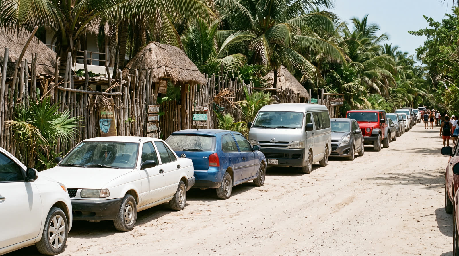 Coches estacionados pegados unos a otros en la orilla de arena de la carretera de la playa de Tulum