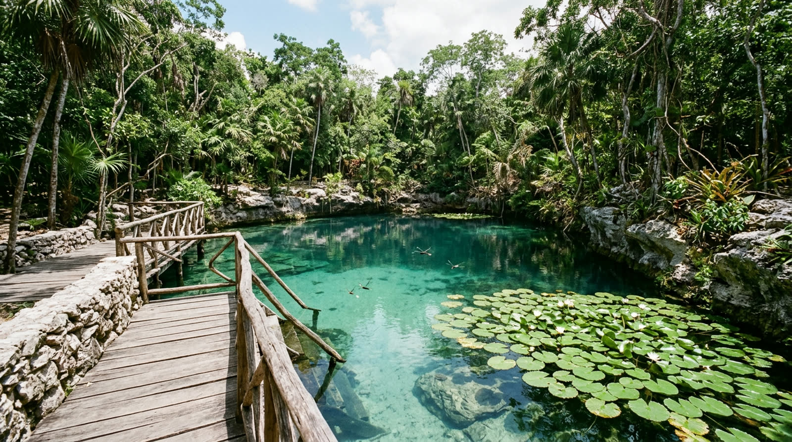 Cenote abierto rodeado de selva con agua turquesa, nenúfares y una pasarela de madera