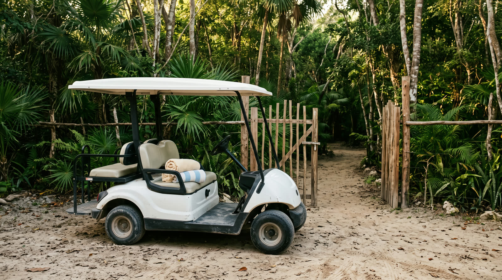 Carrito de golf blanco estacionado en la entrada de un cenote de la selva, con toallas sobre el asiento