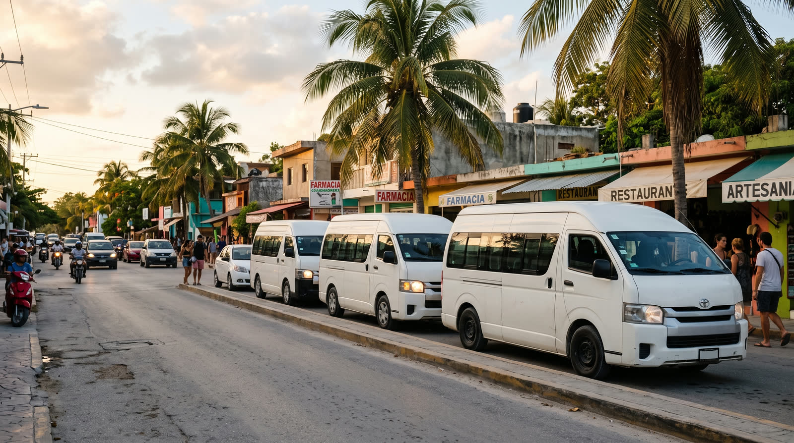 Fila de vans de taxi esperando en la avenida principal de Tulum