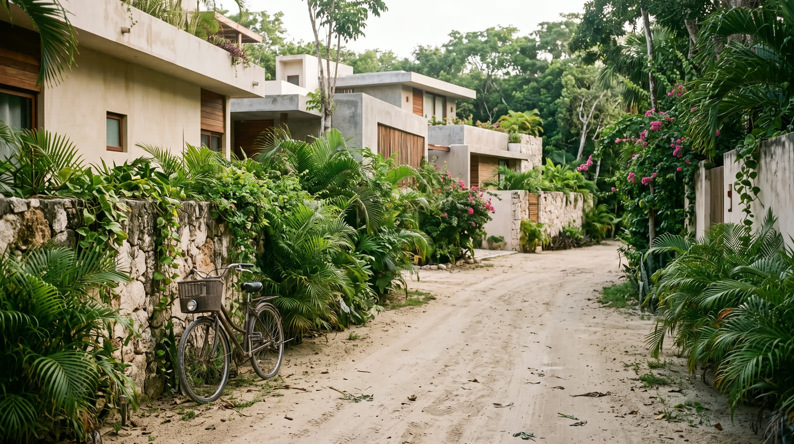 Calle residencial de arena con casas bajas y vegetación en La Veleta, Tulum