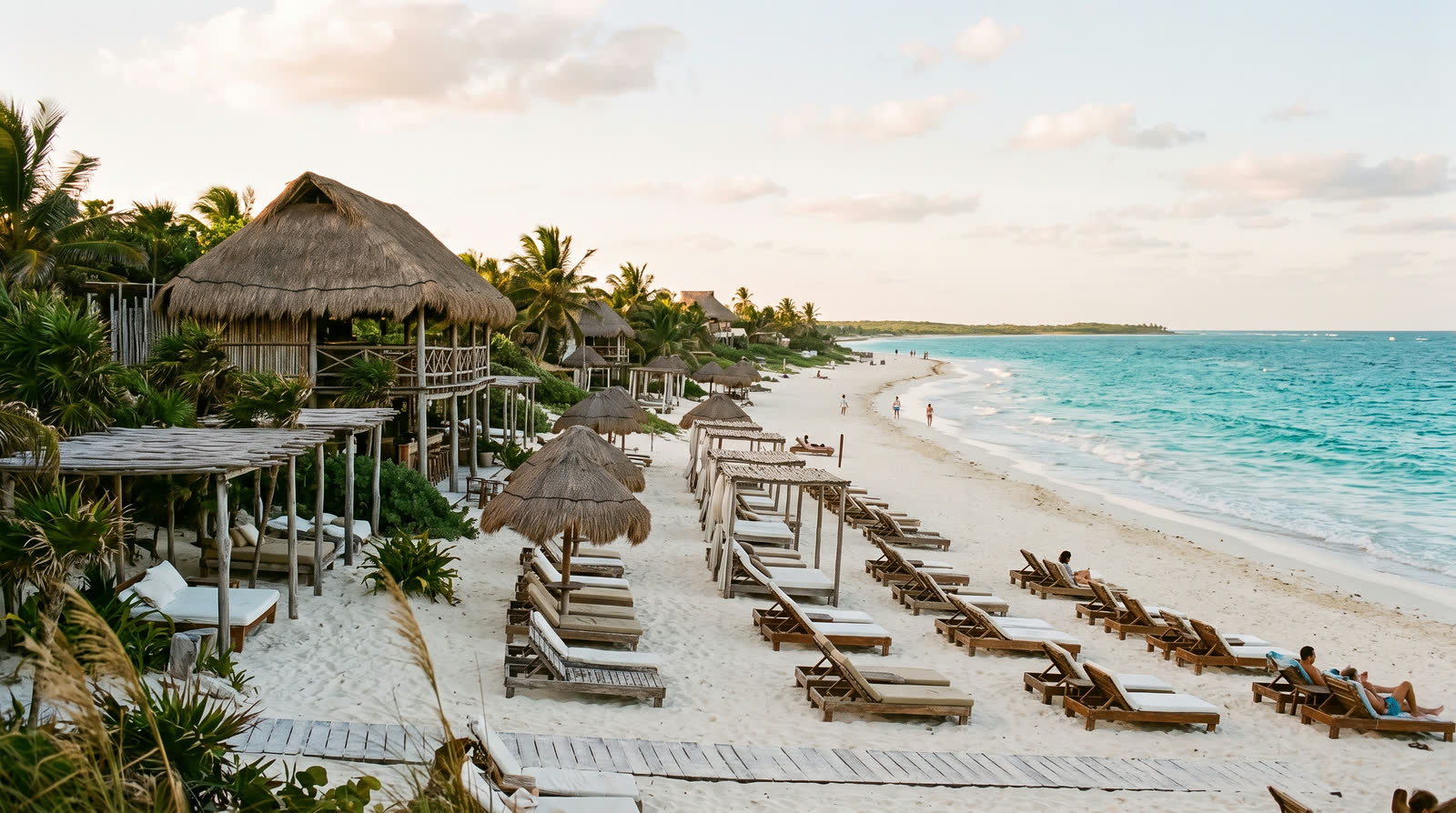 Beach club con palapas y camastros de madera en la orilla de Tulum