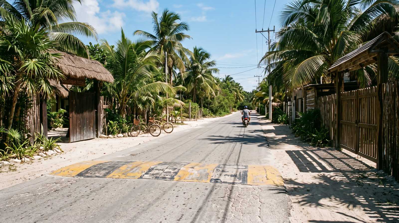 Tope pintado atravesando la carretera de la playa de Tulum, con orillas de arena y palmeras