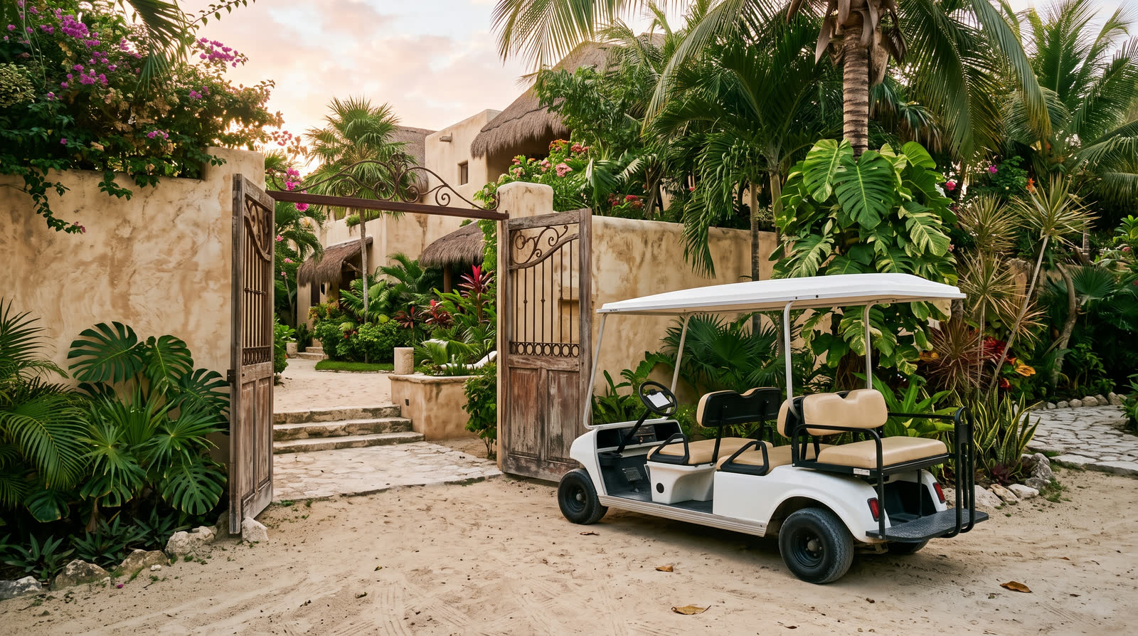 Carrito de golf blanco entregado en la puerta de un hotel de Tulum al amanecer