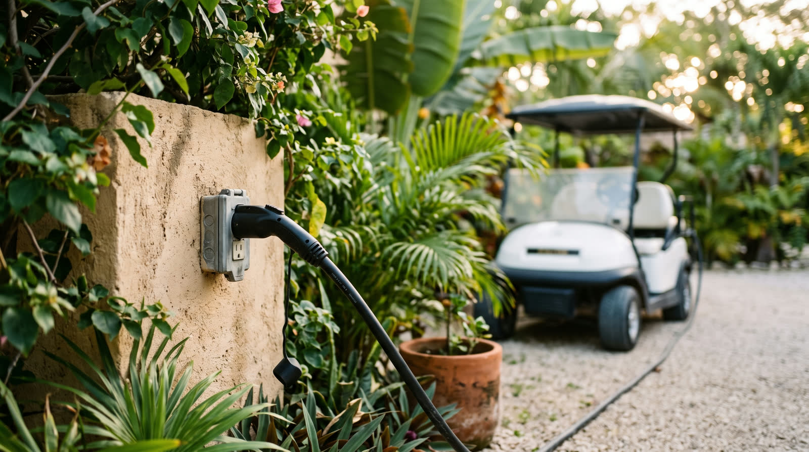 Cable de carga de un carrito de golf eléctrico conectado a una toma exterior en Tulum