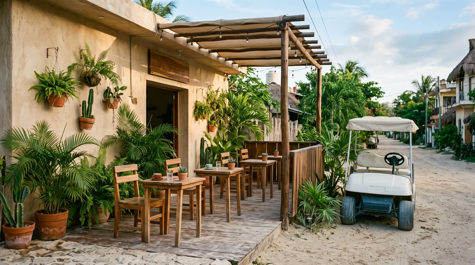 Terraza de una cafetería de especialidad en el pueblo de Tulum, con un carrito de golf estacionado enfrente