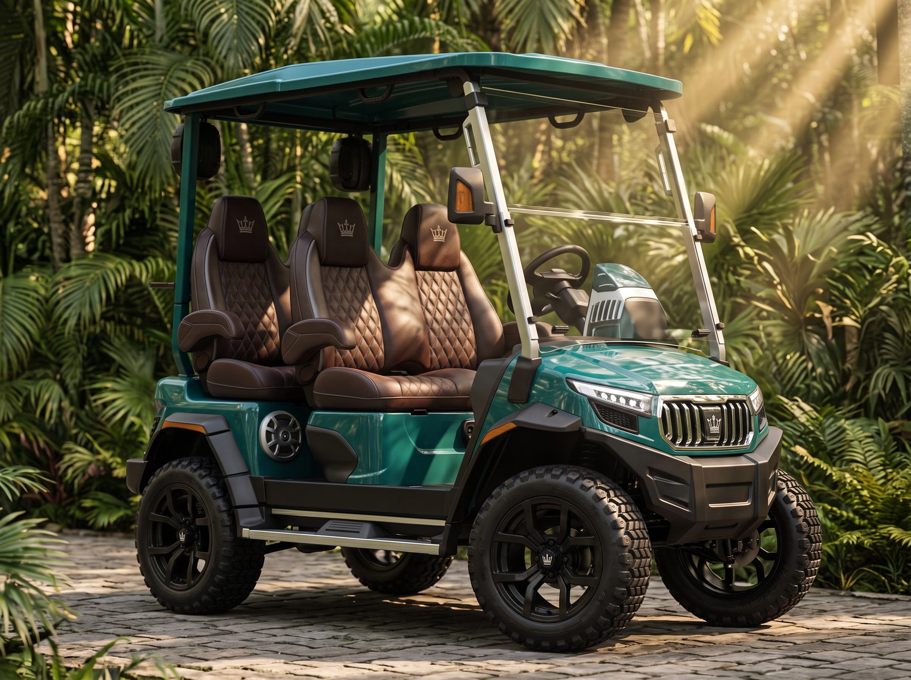 Un carrito de golf Detour visto de frente en un sendero de la selva de Tulum