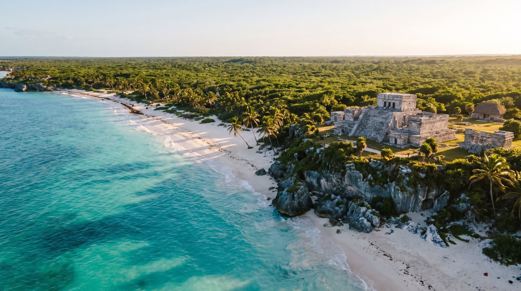 Vista aérea de la costa de Tulum con las ruinas mayas sobre el acantilado